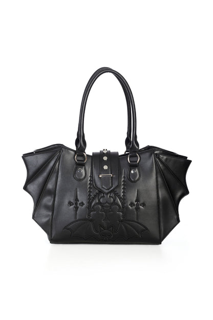 Sleek Banned Apparel Black Bat Wing Tote Bag displayed in an artistic setting, ideal for trendy individuals seeking luxury in everyday accessories.