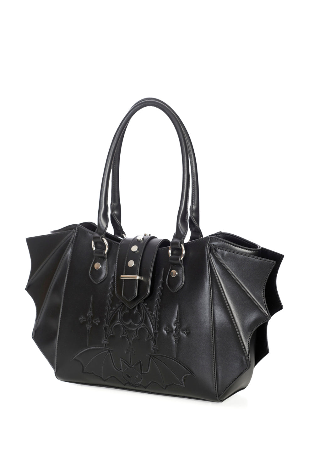 Stylish close-up of the Banned Apparel Black Bat Wing Tote Bag, highlighting its unique bat wing effect and exquisite craftsmanship.
