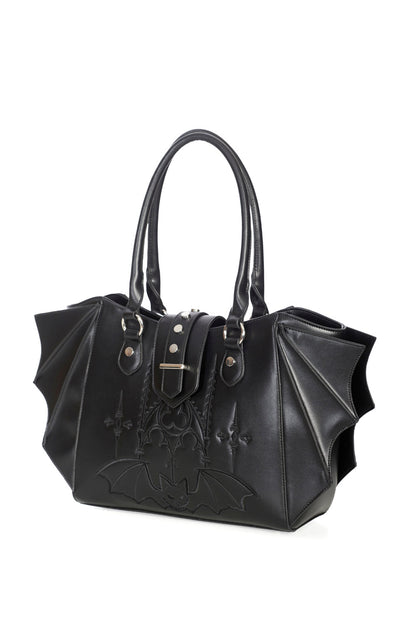 Stylish close-up of the Banned Apparel Black Bat Wing Tote Bag, highlighting its unique bat wing effect and exquisite craftsmanship.