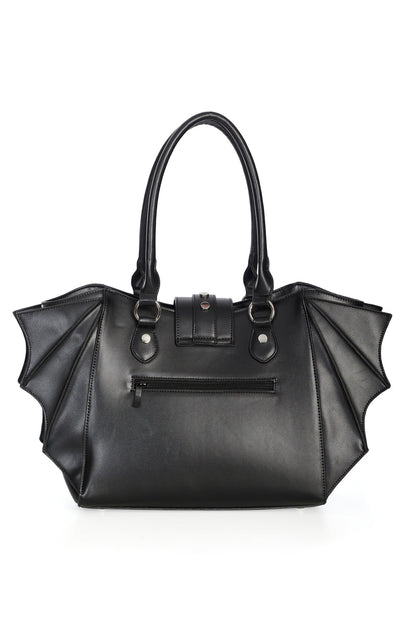 Elegant Banned Apparel Black Bat Wing Tote Bag showcasing extravagant embroidered design, perfect for a chic fashion statement.