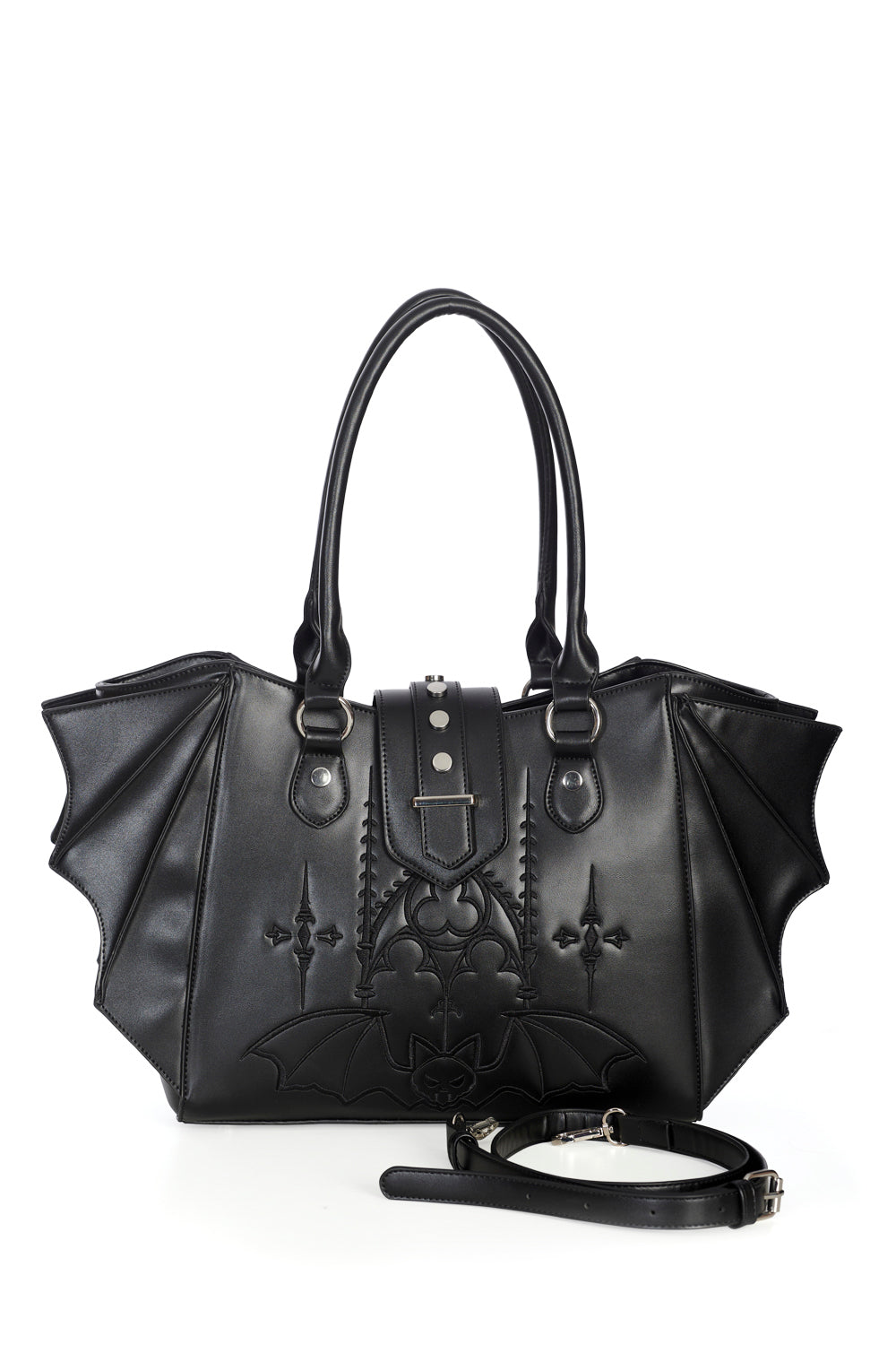 Banned Apparel Black Bat Wing Tote Bag with elegant embroidered design showcasing unique bat wing sides, perfect for a stylish statement.