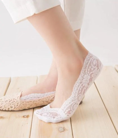 Three pairs of premium no show lace socks in assorted colours, designed by Dazzling Dreams Studio, offering style and comfort.