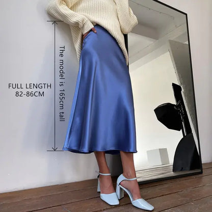 Timeless elegance of the Women's High Waisted Silk Midi Skirt by Dazzling Dreams Studio, featuring flattering high-waisted design and flowing midi length.