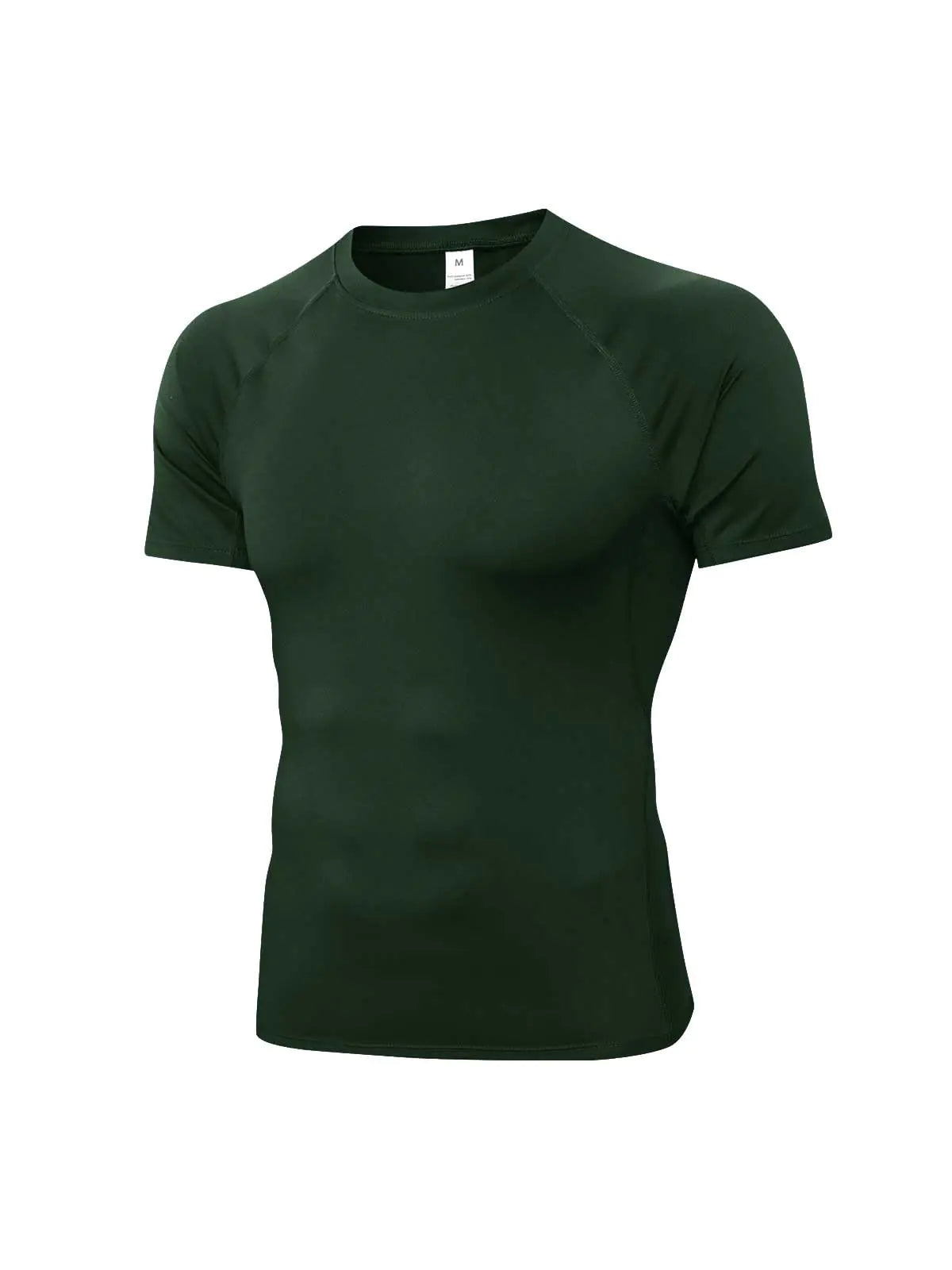 Premium men's short sleeve compression shirt in deep green, crafted for optimal performance and comfort during gym and running activities.