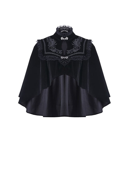 Elegant Black Velvet Lark Capelet from Dark In Love with intricate embroidery and lace detailing, perfect for dramatic fashion ensembles.