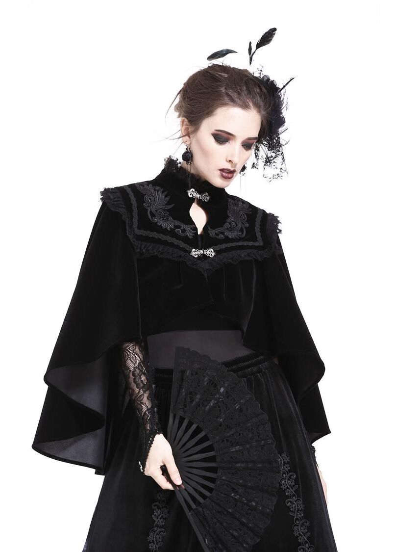 Dramatic back view of the Dark In Love Velvet Lark Capelet, featuring elegant lace details and a sumptuous black hue, ideal for gothic chic styling.