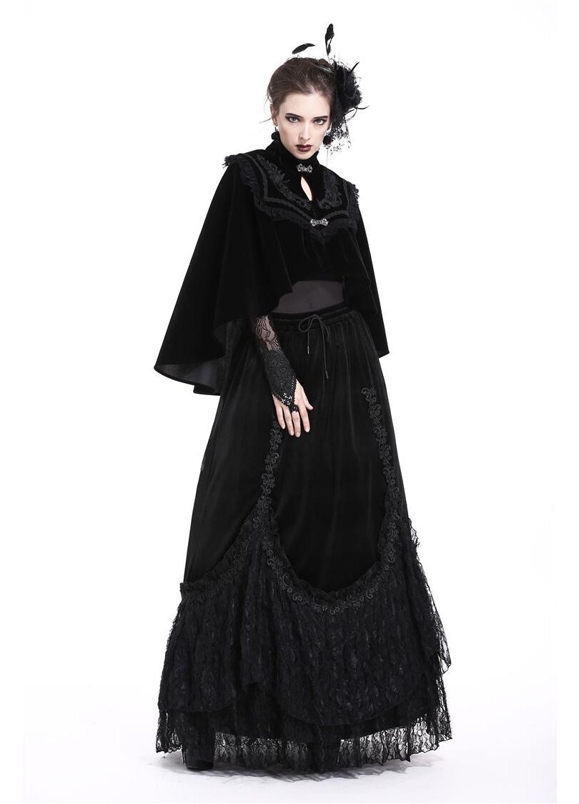 Full-length view of the Dark In Love Lark Capelet worn; highlights the luxe velvet texture and intricate design, enhancing fashion-forward wardrobes.