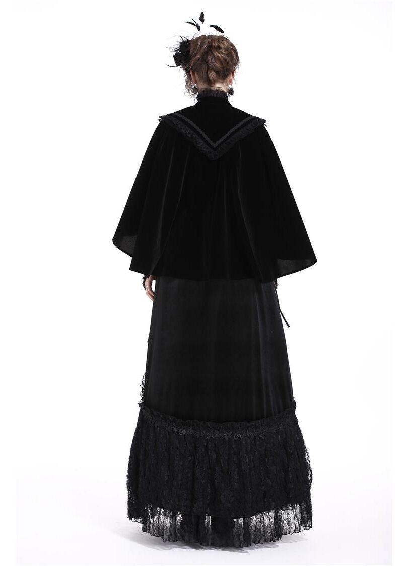 Elegant Dark In Love velvet Lark capelet showcasing intricate embroidery and lace detailing on the neckline against a luxurious black backdrop.