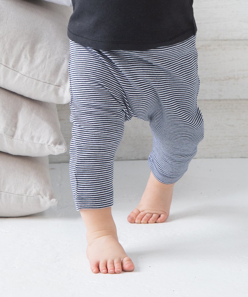 Luxury Organic Cotton Baby Stripy Jersey Leggings in soft stretch fabric, ideal for 3-18 months, showcasing delicate yarn-dyed narrow stripes.