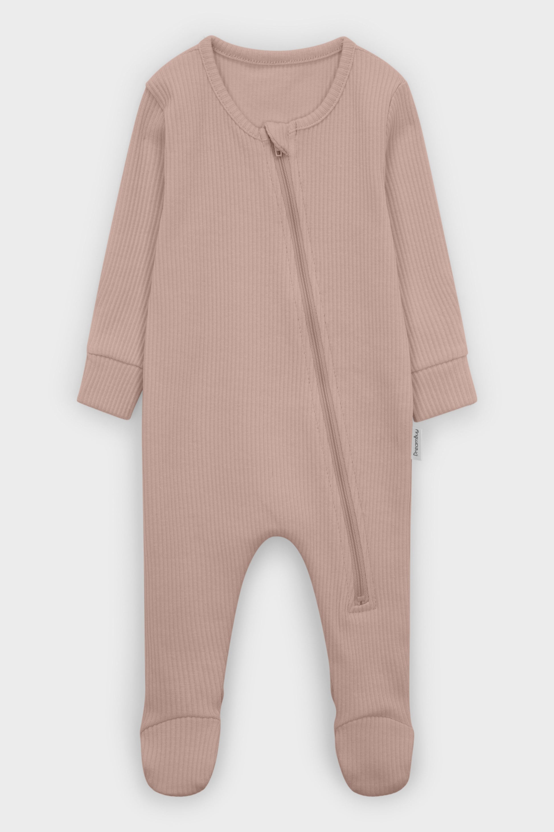 Chic mocha zip sleepsuit by DreamBuy for infants, combining a plush texture with a designer look, perfect for sleeping or playing indoors.