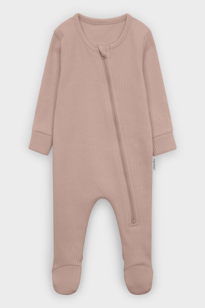 Chic mocha zip sleepsuit by DreamBuy for infants, combining a plush texture with a designer look, perfect for sleeping or playing indoors.
