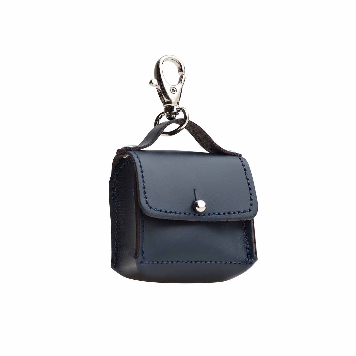 Luxury hand-crafted navy mini bag charm, measuring 60 x 60 mm, beautifully designed for personalising bags and keys, showcasing high-quality leather finish with elegant craftsmanship.