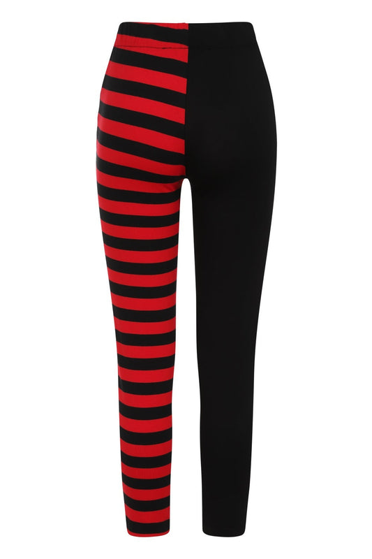 Banned Red Half Black Half Stripes Leggings with Moon Phases Zip Pull - High Waisted, Stretchy Comfort