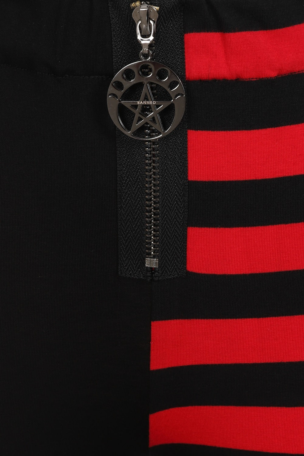 Banned Red Half Black Half Stripes Leggings with Moon Phases Zip Pull - High Waisted, Stretchy Comfort