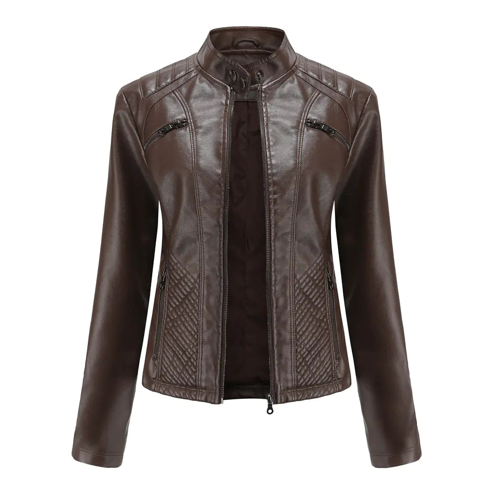 Luxury Women's Casual Leather Jacket with stand collar – Emphasizing sophistication and charm for stylish women.