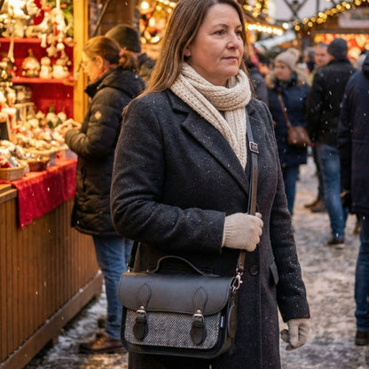 Dimensions overview of the Handmade Black Tannery Leather & Tweed Satchel Bag, perfect for carrying essentials in timeless elegance.