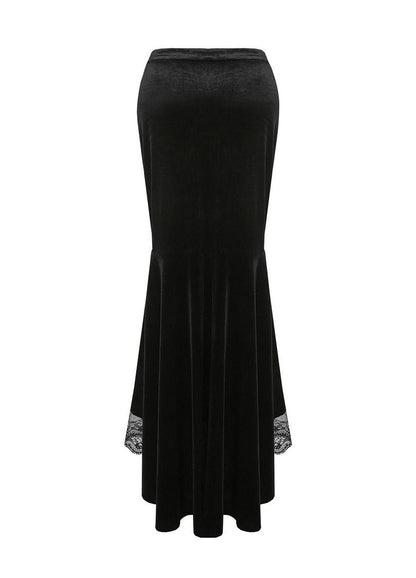 Dark In Love Cordelia Fishtail Skirt in Black Velvet with Lace Detailing - 42" Length