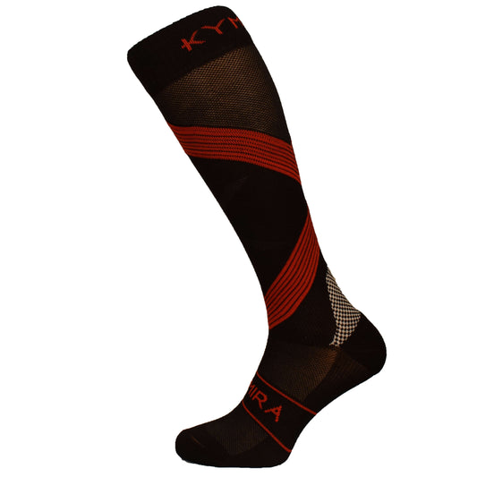 Stylish view of KYMIRA Infrared Compression Socks highlighting the advanced KYnergy fabric technology, designed to enhance performance, reduce muscle soreness, and promote superior recovery.