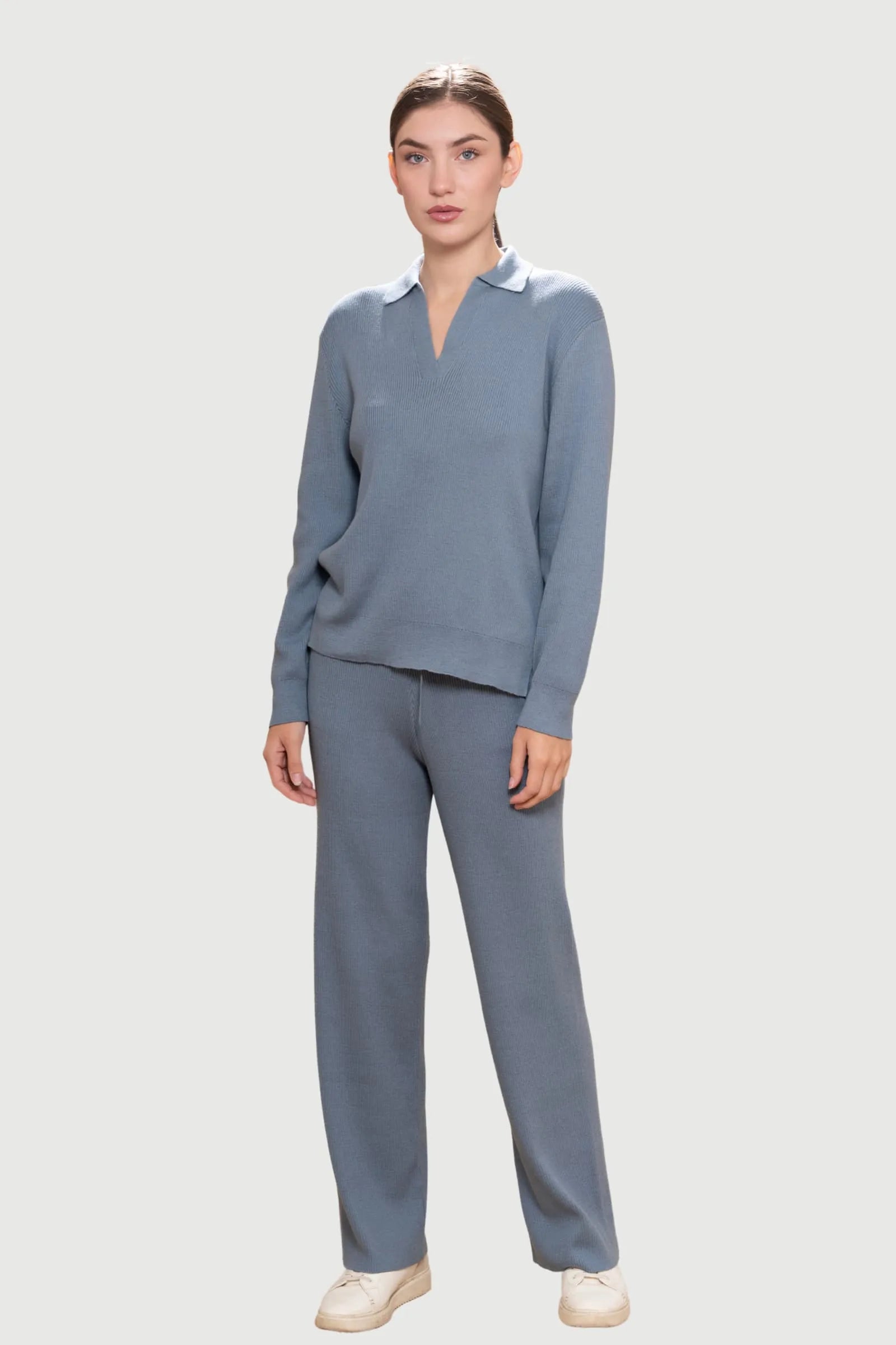 Elegant luxury wide-leg loungewear trousers made from Pima cotton and baby alpaca, showcasing a rich ribbed texture and comfortable relaxed silhouette.