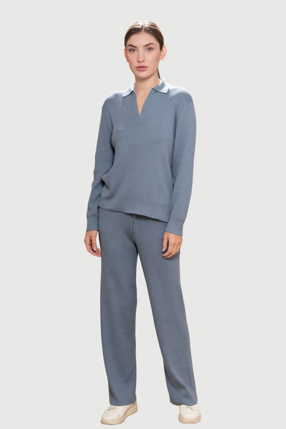 Elegant luxury wide-leg loungewear trousers made from Pima cotton and baby alpaca, showcasing a rich ribbed texture and comfortable relaxed silhouette.