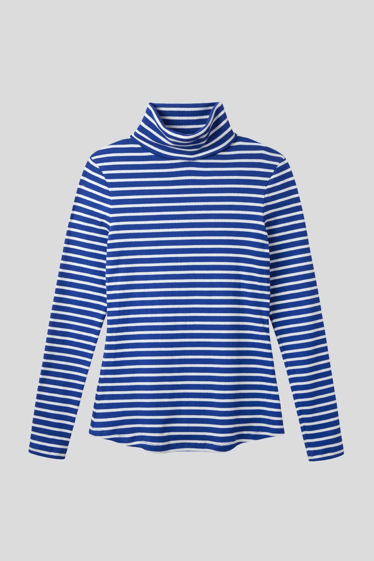 Close-up of the chic striped pattern on a luxury women's cotton roll neck top, showcasing its soft and breathable fabric.