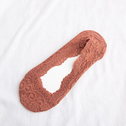 Elegant non-slip no show lace socks in luxurious cotton blend by Dazzling Dreams Studio, showcasing delicate lace detailing and soft breathable fabric.
