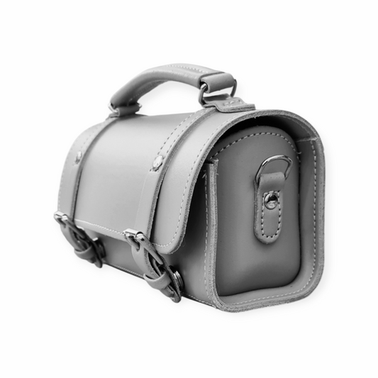 Zatchels Handmade Leather Bowler Bag in Ghost Grey showcasing timeless craftsmanship and modern elegance, perfect for casual or formal occasions.