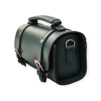 Close-up of Zatchels personalised leather bowler bag featuring adjustable crossbody strap and top handle, exemplifying craftsmanship and customisation options.