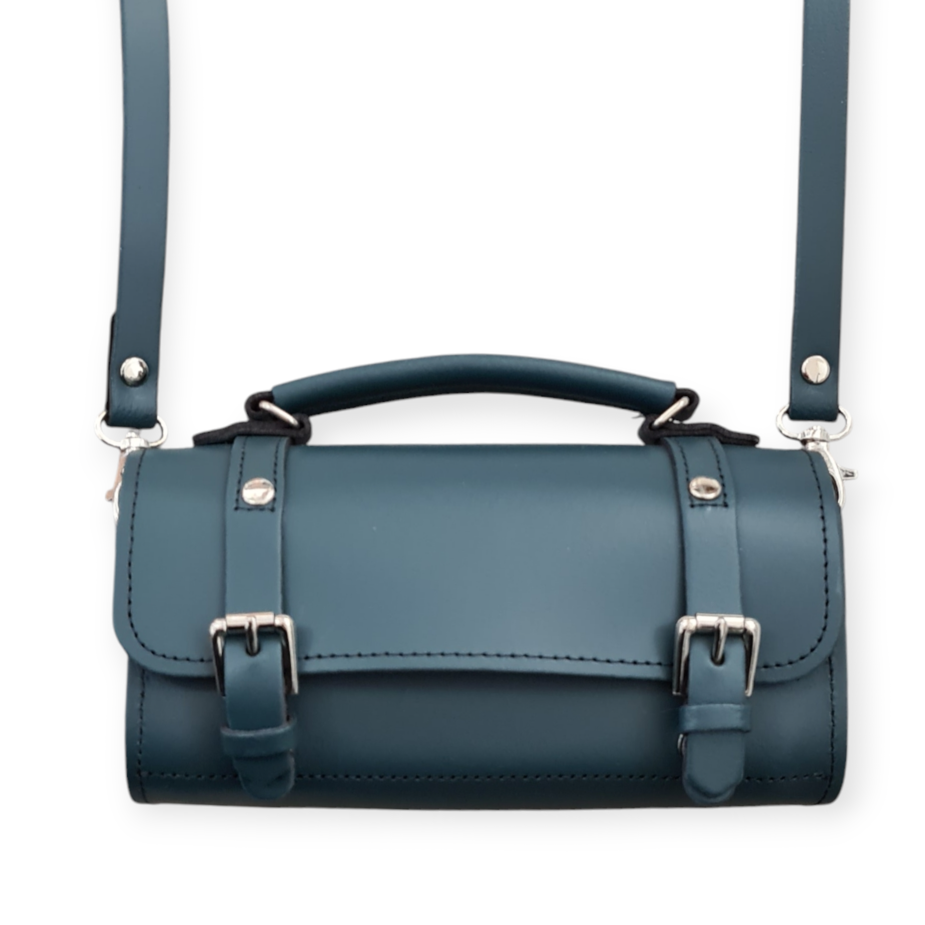 Zatchels Handmade Leather Bowler Bag in luxurious pine colour showcasing its elegant cylinder shape and high-quality craftsmanship.