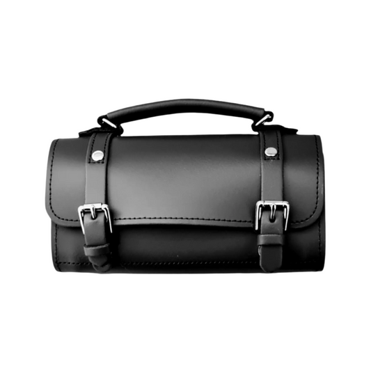 Luxurious Zatchels Handmade Black Leather Bowler Bag showcasing its stylish cylinder design and compact dimensions, perfect for elegant outings.