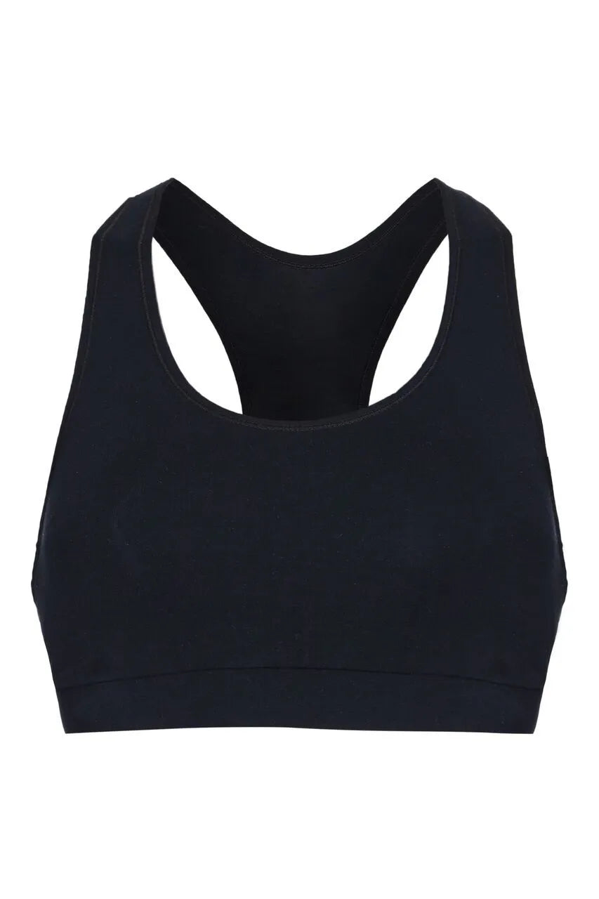 Model wearing a luxury black wireless bralette made from breathable micro modal fabric, designed for ultimate comfort and style.