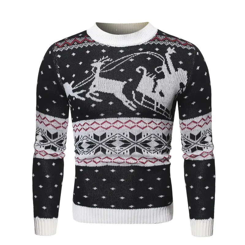 Luxurious black Reindeer sweater featuring festive knit design with Santa sleigh motif, perfect for holiday celebrations.