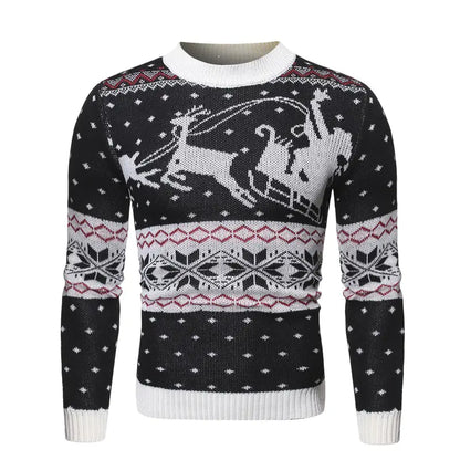 Luxurious black Reindeer sweater featuring festive knit design with Santa sleigh motif, perfect for holiday celebrations.