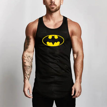 Premium men's BATMAN performance mesh workout tank top in classic black, showcasing a striking yellow BATMAN logo, ideal for stylish workouts and casual wear.