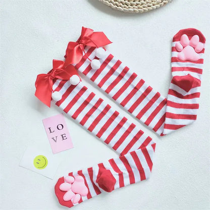 Elegant red and white striped Playful Lolita 3D Cat Claw Compression Stockings for Women, embellished with soft bows and charming paw prints, enhancing every outfit.