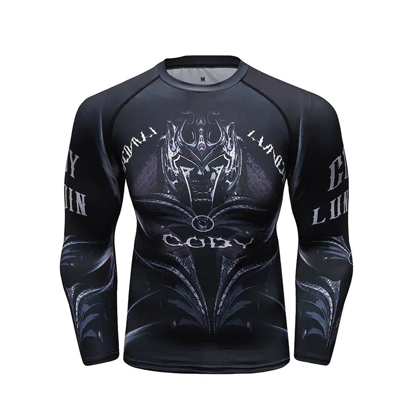 Luxury men's long sleeve compression shirt featuring a striking black design with intricate graphics, ideal for high-performance winter workouts and stylish casual wear.