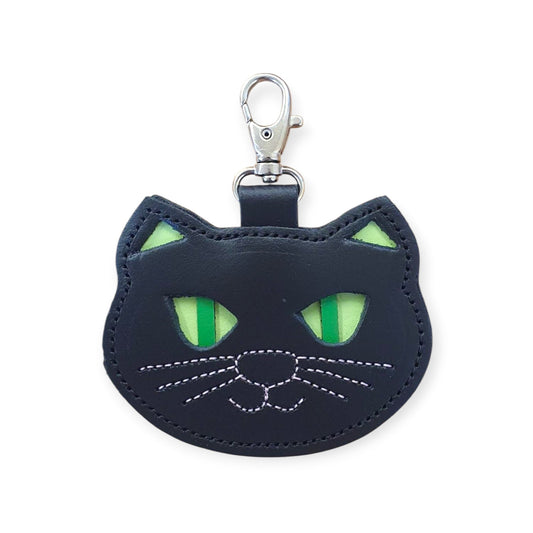 Luxury hand-crafted leather black cat bag charm by Zatchels, showcasing premium quality and distinct design, perfect for adding a touch of elegance and luck to handbags.