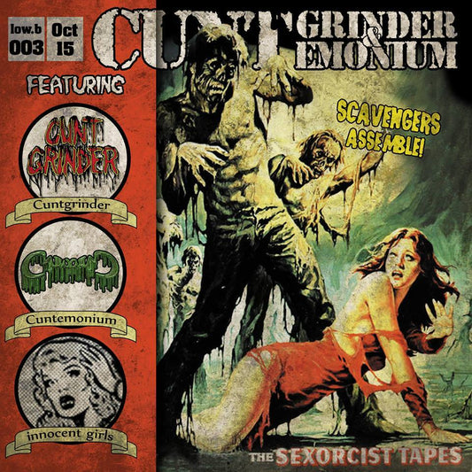 Officially licensed Split CD by Cuntgrinder and Cuntemonium from Rancid Offal Records, featuring extreme genres of Pornogrind, Goregrind, and Death Grind.
