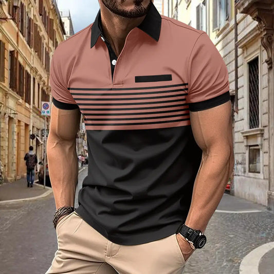 Vanguard Artistry Men's Eco-Friendly Polo Shirt showcasing a contemporary look with elegant stripes, perfect for luxury and sustainable fashion enthusiasts.