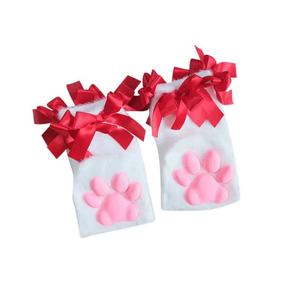 Dazzling Dreams Studio Playful Lolita 3D Cat Claw Sexy Compression Stockings for Women, featuring soft white fabric with pink paw prints and luxurious red ribbons.