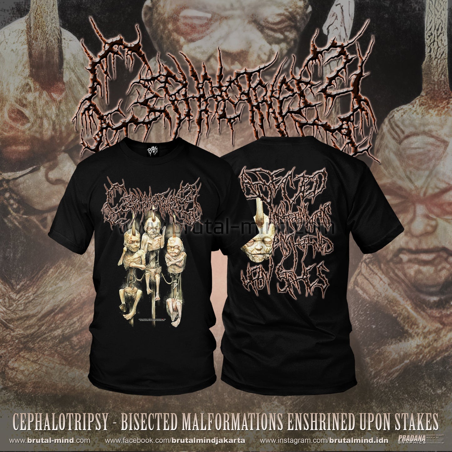 Luxurious Cephalotripsy T-Shirt featuring Bisected Malformations Enshrined Upon Stakes design, crafted by Rancid Offal Records, perfect for fans of high-quality brutal metal merchandise.