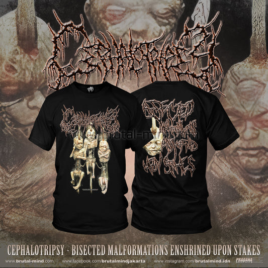 Luxurious Cephalotripsy T-Shirt featuring Bisected Malformations Enshrined Upon Stakes design, crafted by Rancid Offal Records, perfect for fans of high-quality brutal metal merchandise.