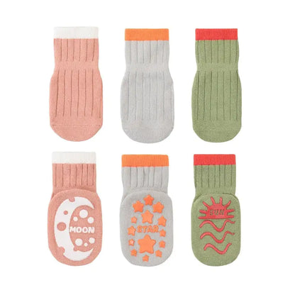 Women's Girls Non-Slip Safety Winter Warmer Grippy Socks - charming peach and green socks featuring fun celestial designs and non-slip grips for safety.
