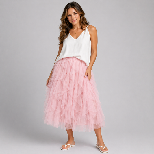 Net Layered and Ruffled Maxi Tulle Skirt