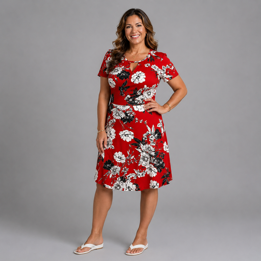 RED FLORAL SHORT SLEEVE MOCK WRAP SKATER DRESS