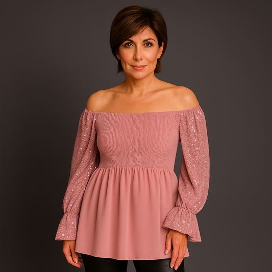 Sequin Sleeve Smocked Front Peplum Party Top