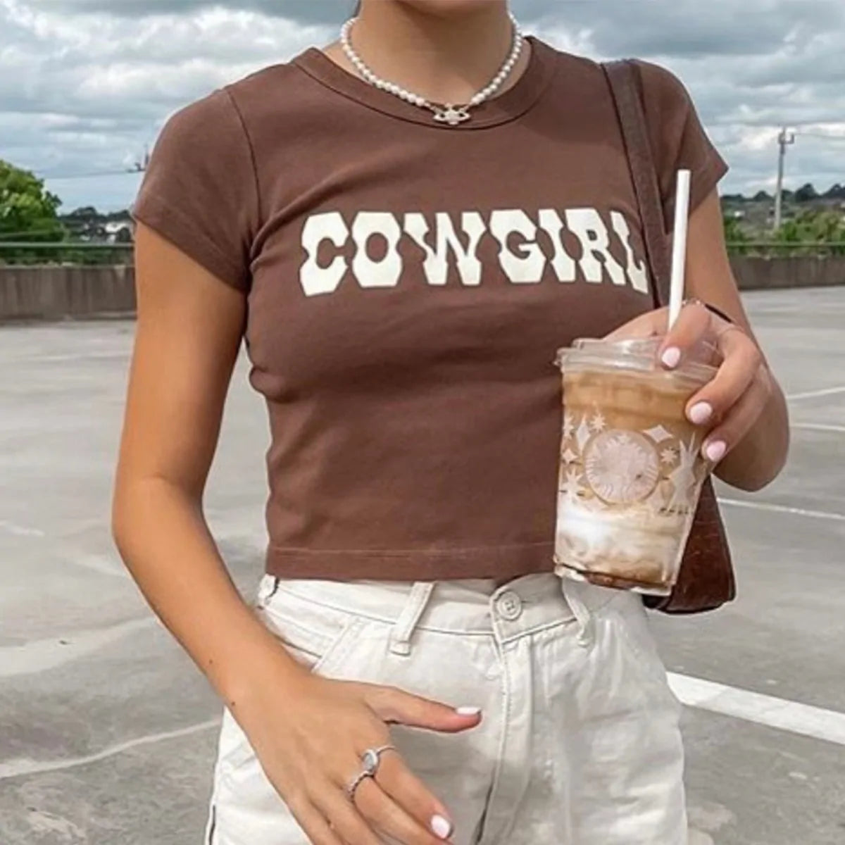 Vintage Cowgirl Print Crop Tops Women's Casual Summer Tee