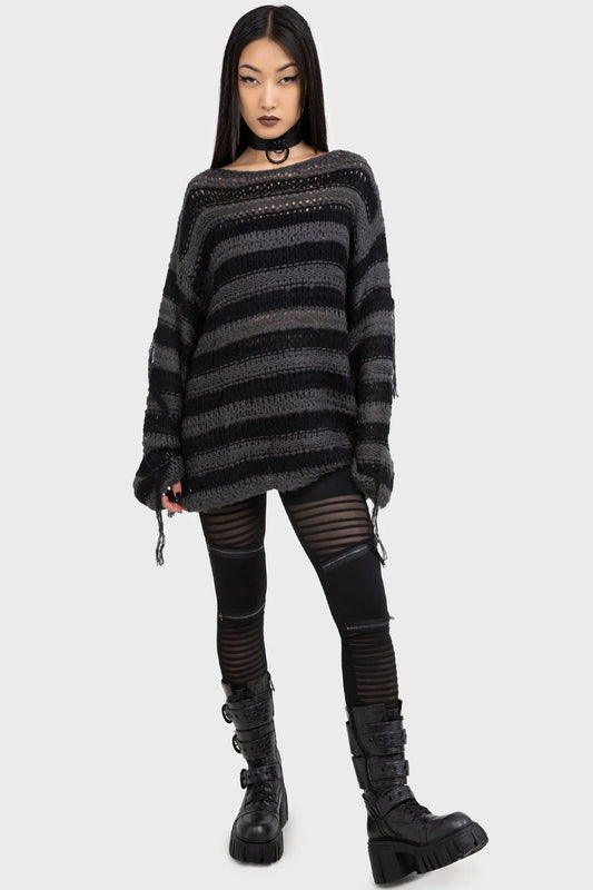 Killstar Clara’s Trap High Waisted Mesh Panel Leggings showcasing daring horizontal mesh stripes and elegant zip details, perfect for edgy gothic style.