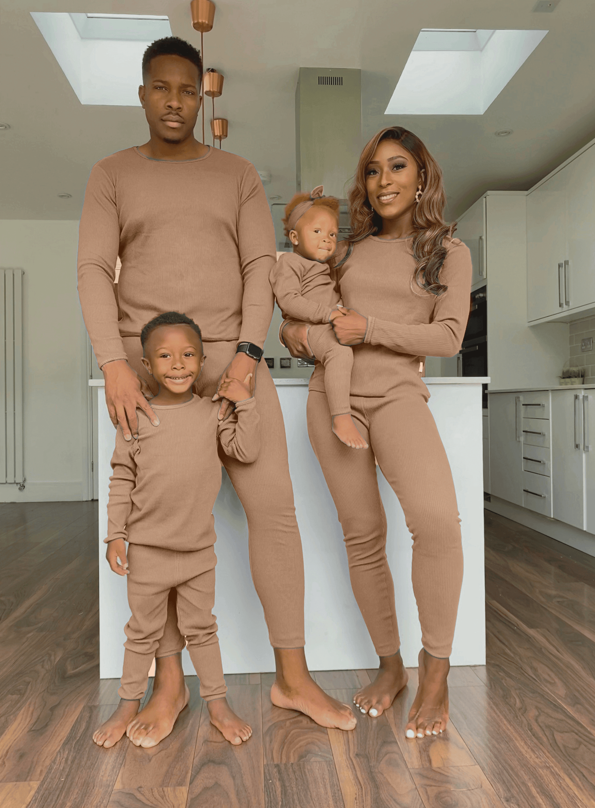 Luxurious unisex Biscuit colour family matching pyjamas set by DreamBuy, featuring soft ribbed fabric, perfect for cosy nights and stylish family moments.
