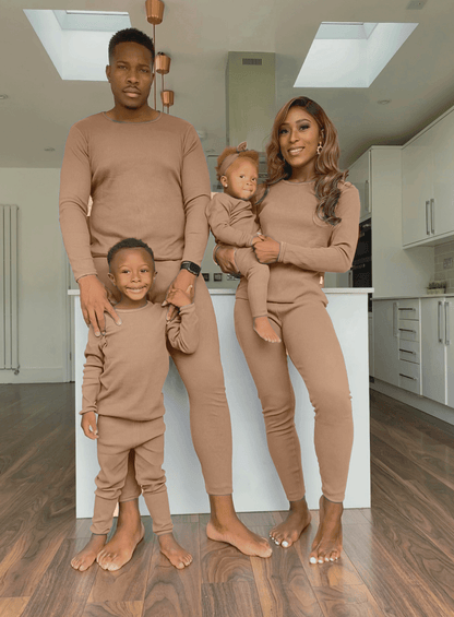 Luxurious unisex Biscuit colour family matching pyjamas set by DreamBuy, featuring soft ribbed fabric, perfect for cosy nights and stylish family moments.